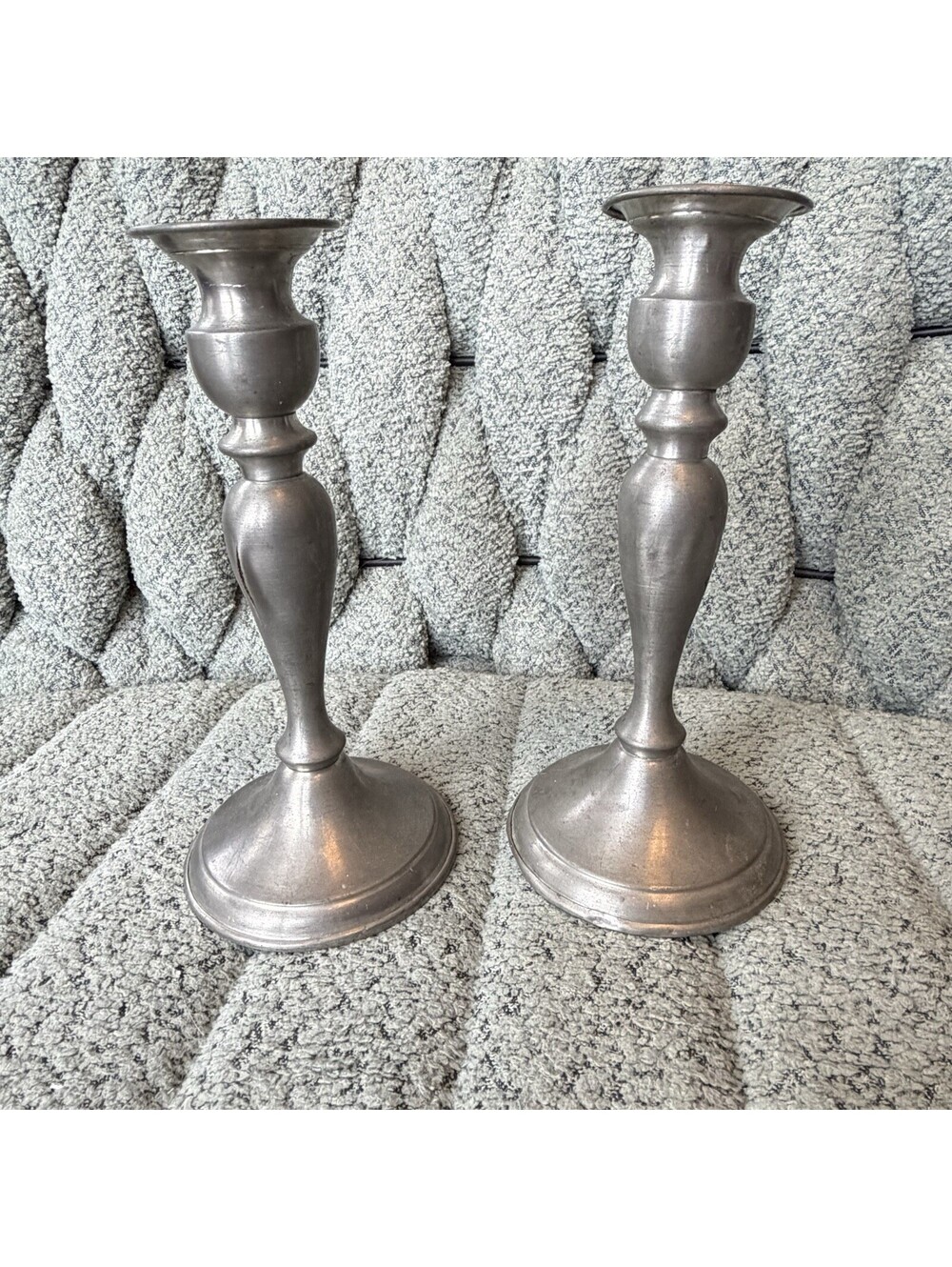 Vintage Pair of Leonard Genuine Pewter Candlestick Holders Made in Bolivia 9 In